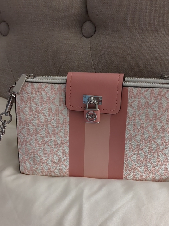 Michael Kors Handbags - Michael Kors Pink Signature Stripe Crossbody Pouch with Silver Hardware